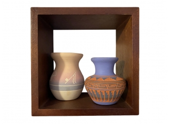 A Great Recessed Shadowbox Shelf With Signed Native American Pottery Pieces