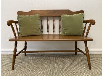 Great Vintage Wood Bench And Green Velvet Pillows