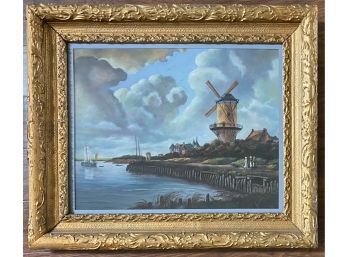 Lighthouse In Harbor Pastel Print In Ornate Gold Frame