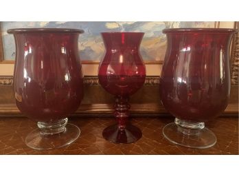 3 Red Hurricane Vases. 2 Come Wit Original Box