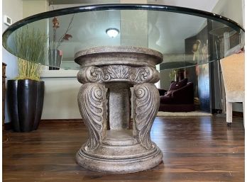 A Beautiful Italian Style Three Quarter Inch Glass Topped Table With Acanthus Leaf & Scrolled Base