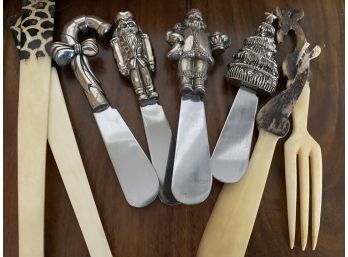 A Great Grouping Of Flatware And Serving Pieces Including Holiday Cheese Servers And Bone Salad Tossers