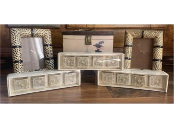 A Collection Of Home Decor Including 2 Picture Frames, Wooden Chet Noir Vin Blanc Box Napkin Rings By Pier 1.