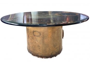 A Lovely Glass Topped Luggage Style Drum Coffee Table
