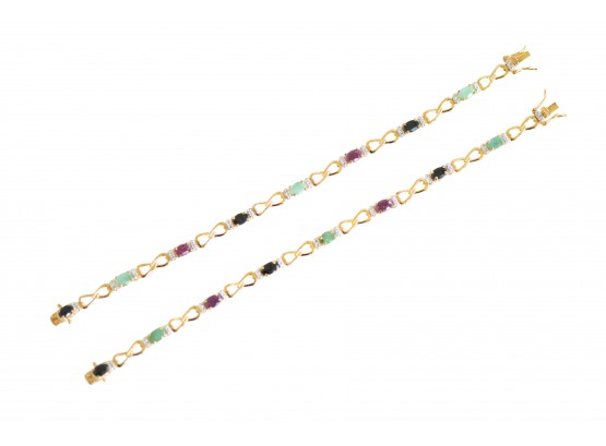 Infinity Design 18kt Gold Plated Sterling Silver Sapphire, Emerald, Ruby Tennis Bracelet 3.35 CTW