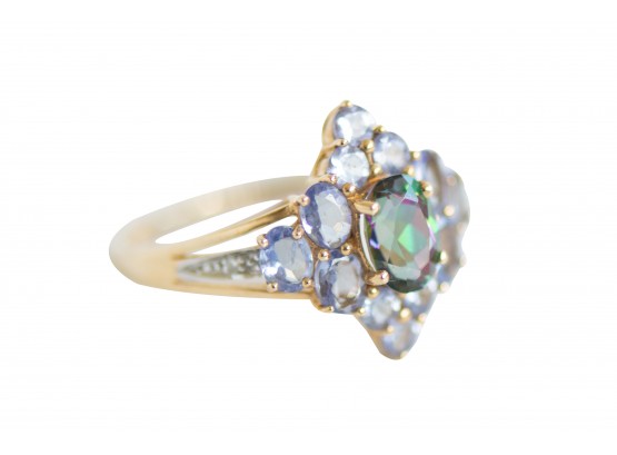 Size 8 10k Ring With Iridescent Stones Including Tanzanite Border And Mystic Topaz Center Stone
