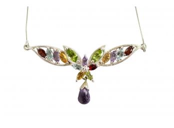 Sterling Silver And Multi Stone Necklace With Amethyst Drop Pendant, Garnet, Topaz, Citrine & Peridot