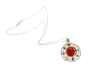 Sterling Silver And Multi Stone Pendant On Chain With Carnelian Center And Other Natural Stones