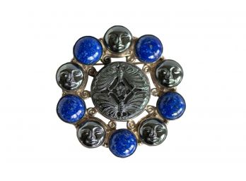 Large Sajen Sterling Silver Pendant Brooch With Beautiful Blue Lapis And Carved Moon Hematite Faces