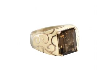 Size 7 Brown Sterling Silver Stone Ring With Smokey Quartz & Enamel Scrollwork Detailing