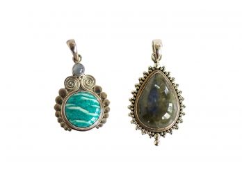 Two Sterling Silver And Stone Pendants Including Sajen Amazonite  & Labrodite