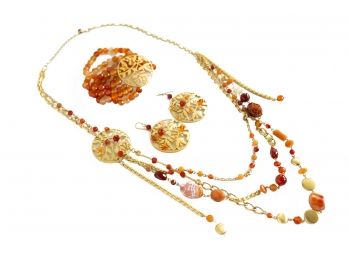 Gold & Amber Toned Jewelry Set With Statement Necklace, Bracelet & Earrings Includes Carnelian Stones