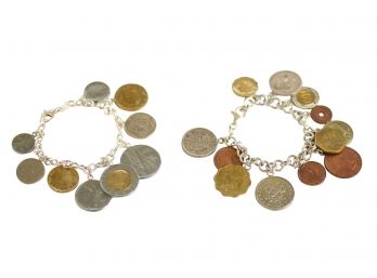 Two Sterling Silver Chain Charm Bracelets With International Coins