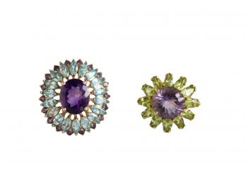 Size 7 Two Fabulous 10k Gold Multi Stone Rings Including Amethyst And Blue Topaz Peacock Ring