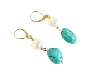 Gorgeous Pair Of 14k Gold Drop Earrings With Turquoise And Pearl