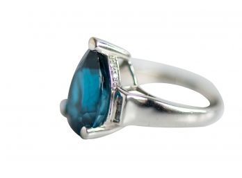 Size 7 Gorgeous 10k White Gold Ring With Large Faceted London Blue Topaz