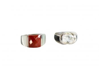 Size 7 Two Sterling Silver And Multi Stone Rings Including Red Jade, Mother Of Pearl And Onyx