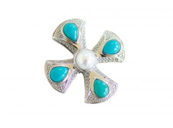 Gorgeous Pearl Stamped Sterling Silver Cross Pendant With Pretty Blue Accents
