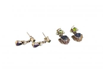Two Pairs Of Cute Sterling Silver Stamped Earrings Including Sajen With Peridot And Druzy