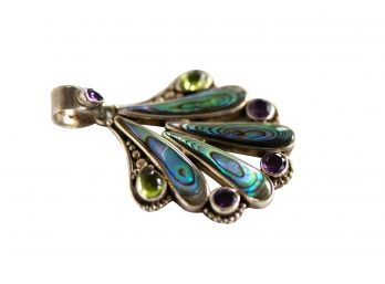 Beautiful Sterling Silver And Abalone Pendant Also Includes Amethyst And Peridot