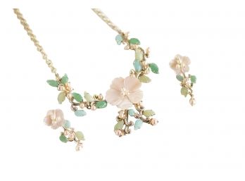 Sterling Silver Sweet Flowers Necklace And Earrings Set With Carved Jade, Pearl And Shell