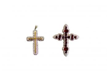 Two Sterling Silver With Gold Detailing And  Cross Pendant With Garnet Stones