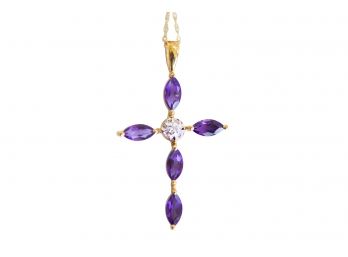 Gorgeous 10k Gold 1CTW Diamond And Amethyst Cross Necklace