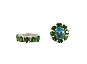 Size 7 Sterling Silver And Green Stone Rings With Chrome Diopside And Blue Topaz