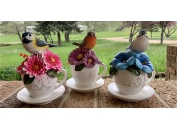 New! 3 Resin Tea Cups With Flowers And Birds