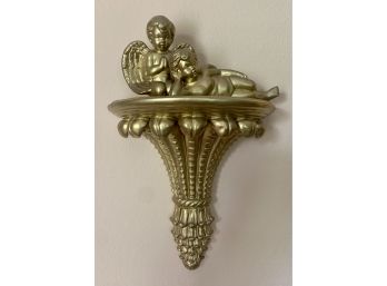Gold Painted Plaster Wall Shelf With 2 Angels Figurines