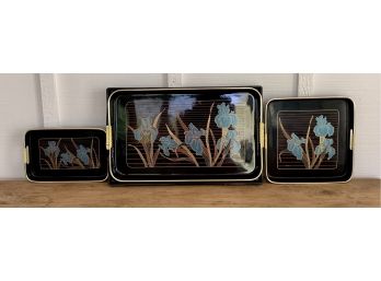 4 Pc. Black Lacquer Trays With Iris Design