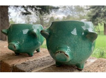 New! 2 Ceramic Pig Planters- Teal