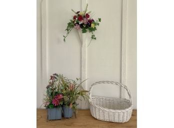 Flowers In Metal Containers & White Basket