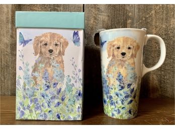 New! Ceramic Travel Mug With Flowers & Puppy In Gift Box