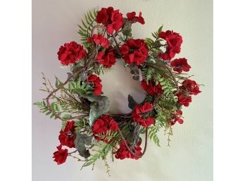 New! Wreath With Faux Red Geraniums