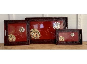 3 PC. Red Laquer Asian Design Trays With Handles