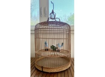 Vintage Delicate Cane With Carved Wood Decorative Birdcage