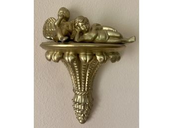 Gold Painted Plaster Wall Shelf With 2 Angels Figurines