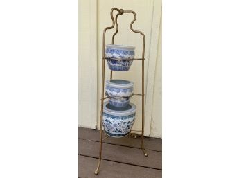 3 Tier Metal Plant Stand With 3 Asian Style Planters