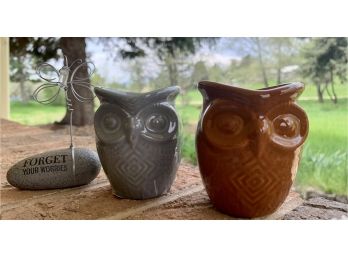 New! 2 Ceramic Owl Mini Planters & 1 Rock With Wire And Quote