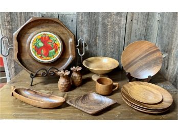 Vintage Wood Lot With Serving Trays, Dishes And More