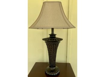Large Table Lamp With Woven Design & Tan Silk Shade
