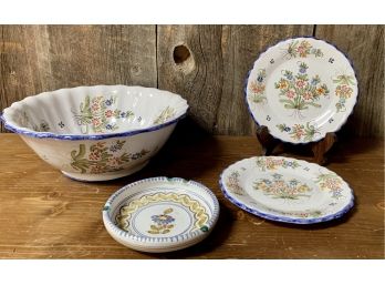 Signed Faience Style Bowl, Ashtray And 2 Small Plates