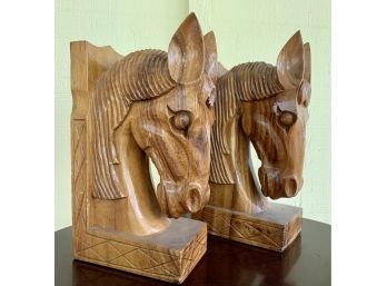 Pair Of Handcarved Vintage Wood Horse Head Bookends