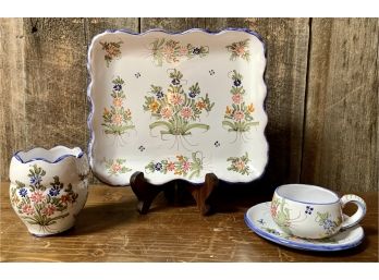 Signed Faience Style Square Plate & Mugs