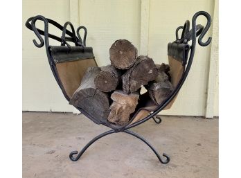 Wrought Iron & Leather Fire Wood Caddy