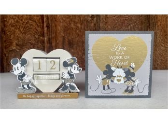 New! Disney Hallmark 'love Is A Work Of Heart' Inspirational Plaque & Mickey & Minnie Perpetual Calendar
