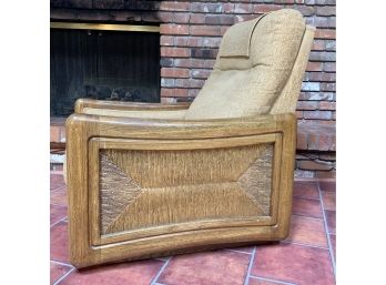 Vintage Cloth Recliner With Rattan Side Accents & Wood Trim