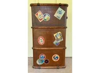 Antique Travel Steamer Trunk With Many Decals