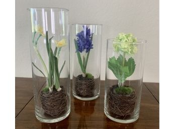 3 Pc. Vases Lot With Spring Flowers